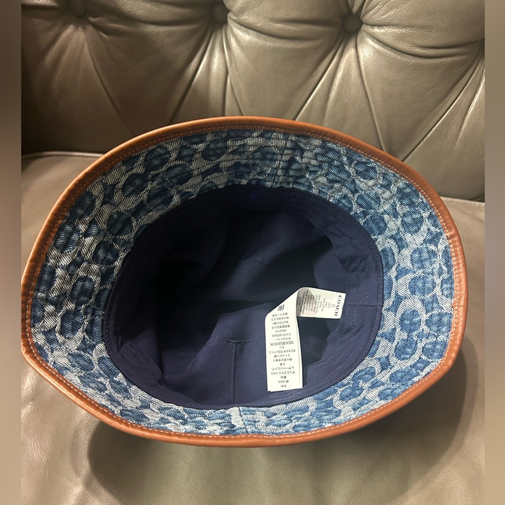 Coach Limited Edition unisex Bucket Cap Blue Denim Leather Trim One Size CC Logo - Picture 4 of 7